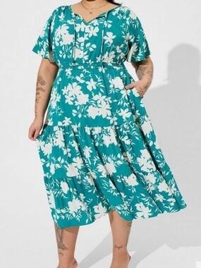 Torrid 3x Teal Floral Tiered Midi Dress - Plus Size